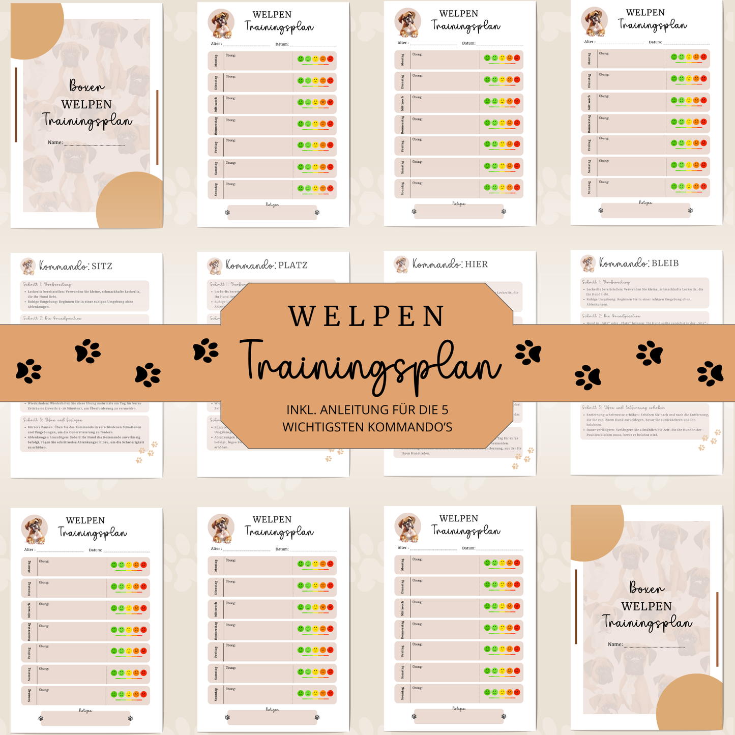 Welpen Trainingsplan inkl. 5 Schritt-Kommando-Anleitung | PDF Datei | Wochenplaner Training Hund | 7 Seiten | Hundetrainingsplaner