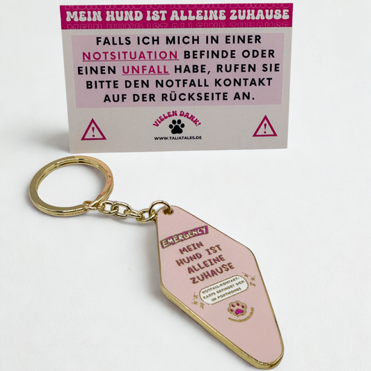 Schlüsselanhänger „Mein Hund ist alleine zuhause“ Gold – inkl. Notfallkarte