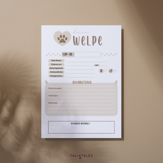 Kartei Karten Welpen | Wurfabnahmeprotokoll | Digitaler Download