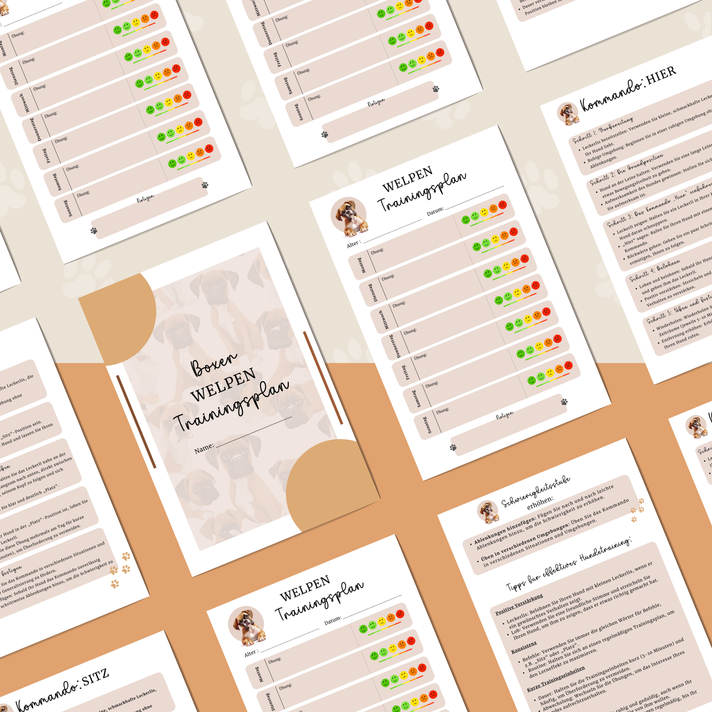 Welpen Trainingsplan inkl. 5 Schritt-Kommando-Anleitung | PDF Datei | Wochenplaner Training Hund | 7 Seiten | Hundetrainingsplaner