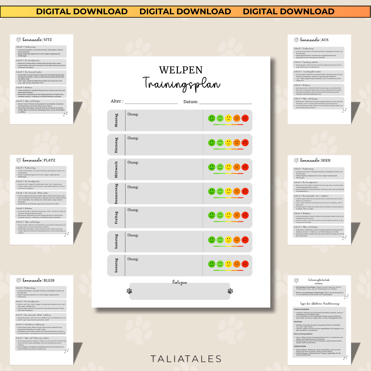 Welpen Trainingsplan inkl. 5 Schritt-Kommando-Anleitung GRAU | PDF Datei | Wochenplaner Training Hund | 7 Seiten | Hundetrainingsplaner (Kopie)