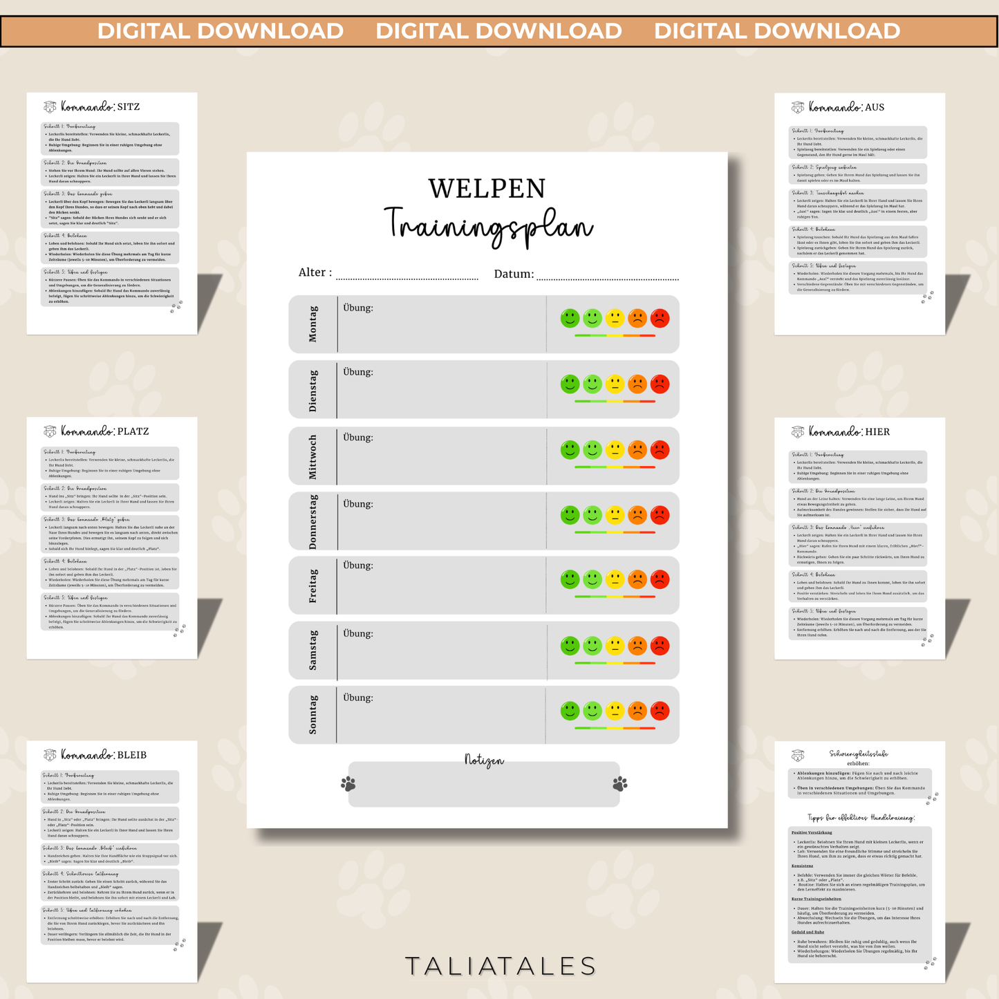 Welpen Trainingsplan inkl. 5 Schritt-Kommando-Anleitung | PDF Datei | Wochenplaner Training Hund | 7 Seiten | Hundetrainingsplaner