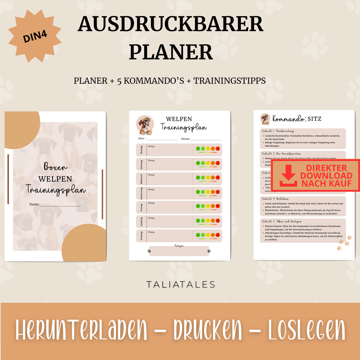 Welpen Trainingsplan inkl. 5 Schritt-Kommando-Anleitung | PDF Datei | Wochenplaner Training Hund | 7 Seiten | Hundetrainingsplaner