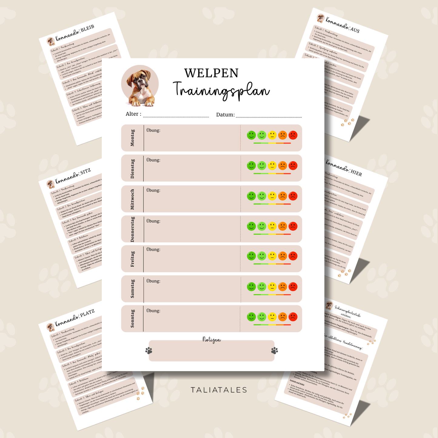 Welpen Trainingsplan inkl. 5 Schritt-Kommando-Anleitung | PDF Datei | Wochenplaner Training Hund | 7 Seiten | Hundetrainingsplaner