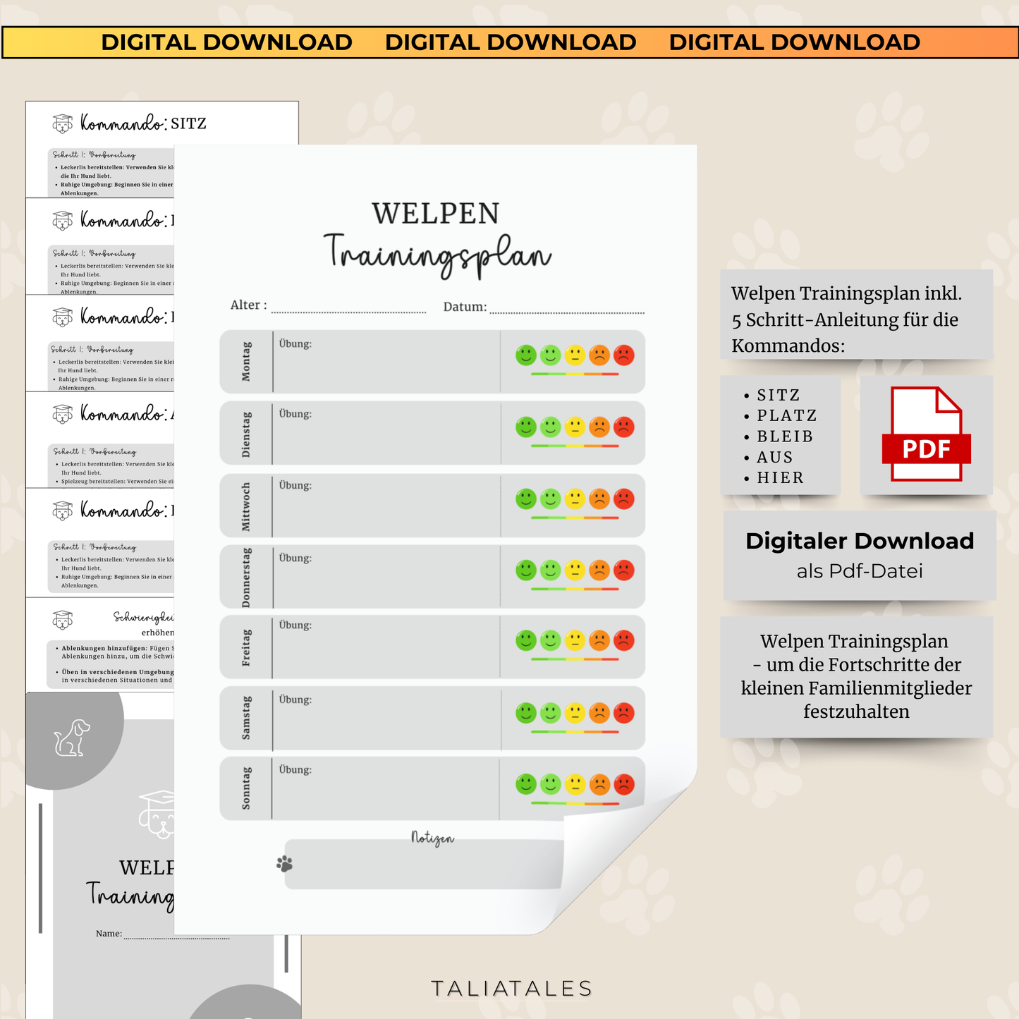 Welpen Trainingsplan inkl. 5 Schritt-Kommando-Anleitung GRAU | PDF Datei | Wochenplaner Training Hund | 7 Seiten | Hundetrainingsplaner (Kopie)