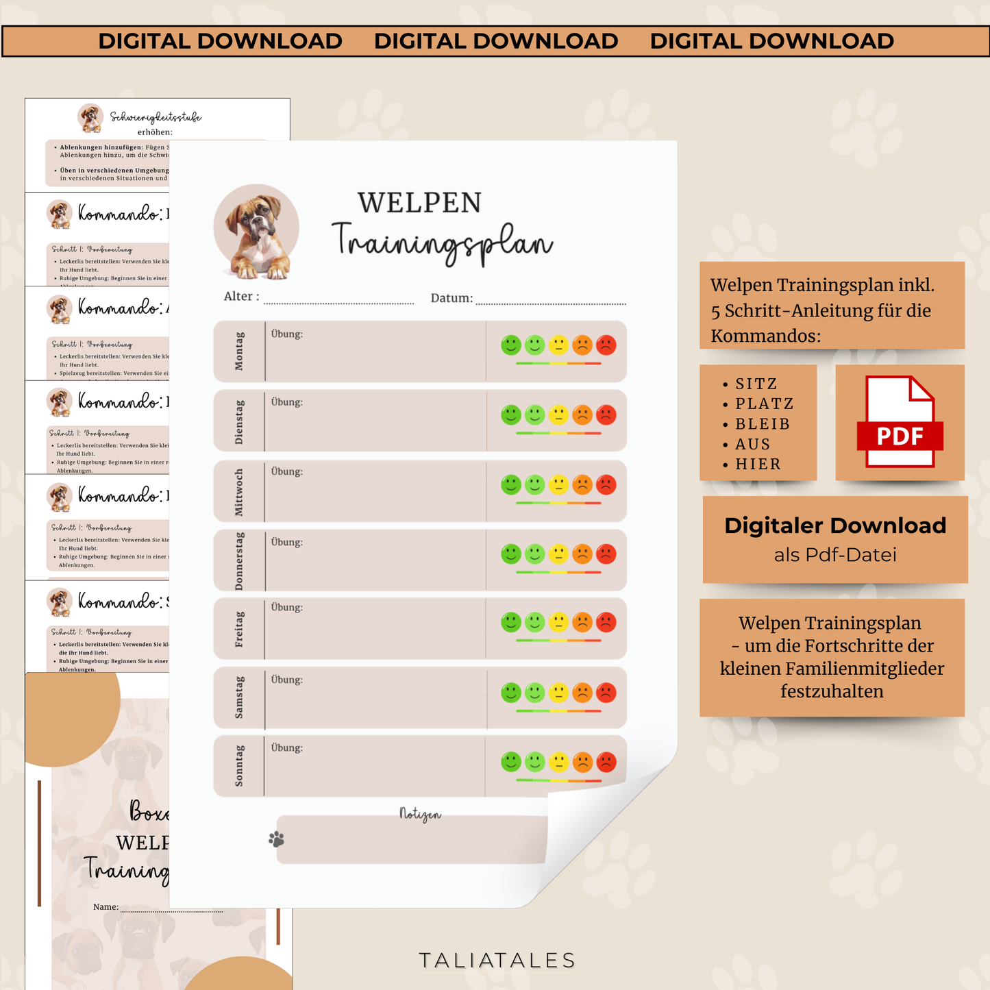 Welpen Trainingsplan inkl. 5 Schritt-Kommando-Anleitung | PDF Datei | Wochenplaner Training Hund | 7 Seiten | Hundetrainingsplaner