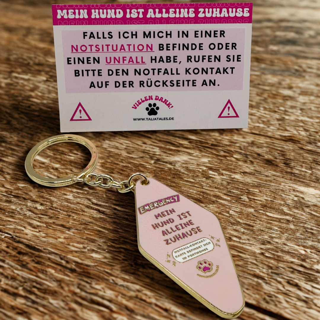 Schlüsselanhänger „Mein Hund ist alleine zuhause“ Gold – inkl. Notfallkarte
