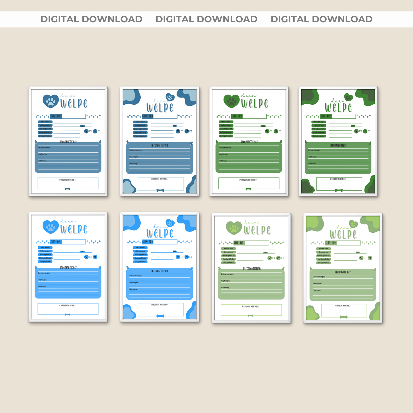Kartei Karten Welpen | Wurfabnahmeprotokoll | Digitaler Download