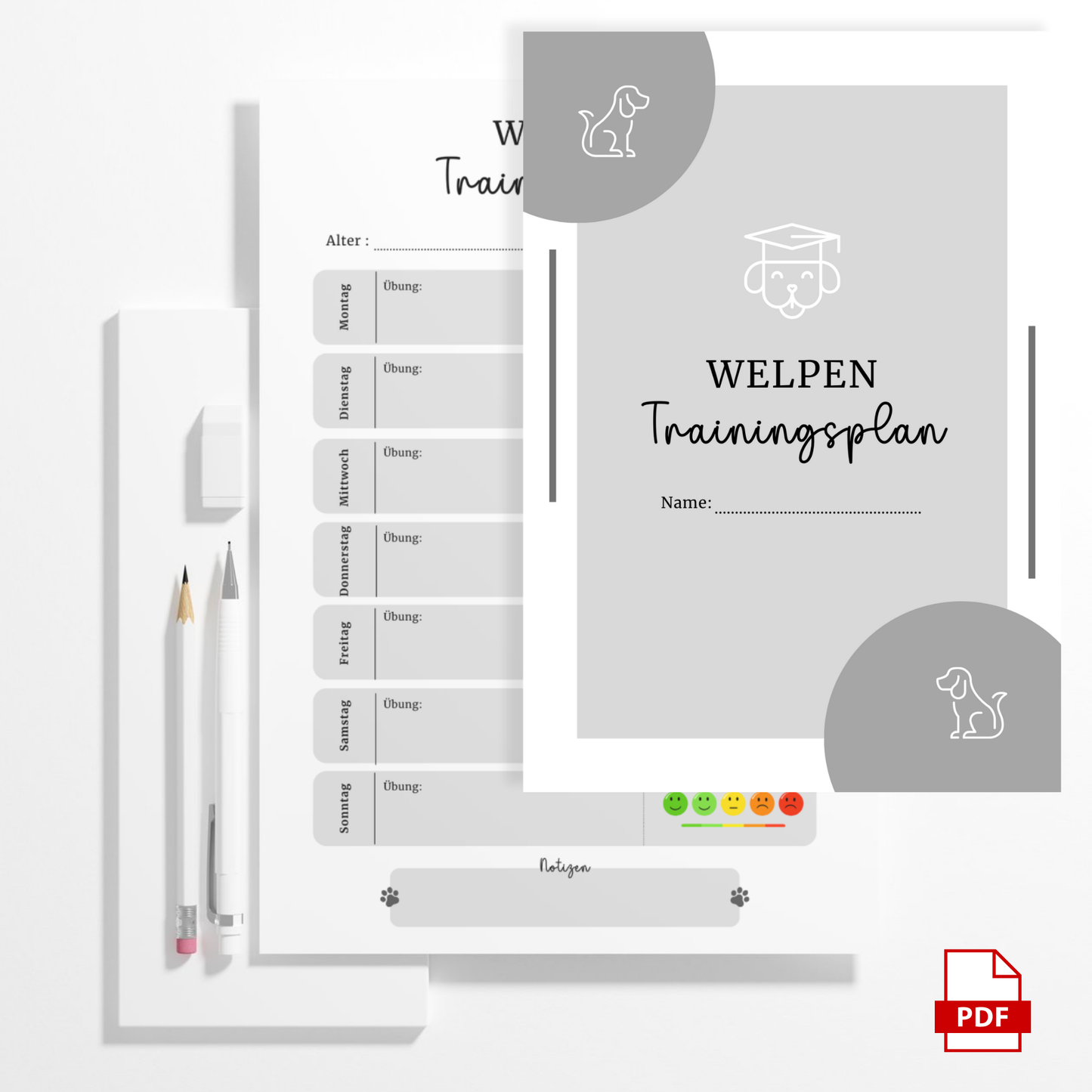 Welpen Trainingsplan inkl. 5 Schritt-Kommando-Anleitung GRAU | PDF Datei | Wochenplaner Training Hund | 7 Seiten | Hundetrainingsplaner (Kopie)
