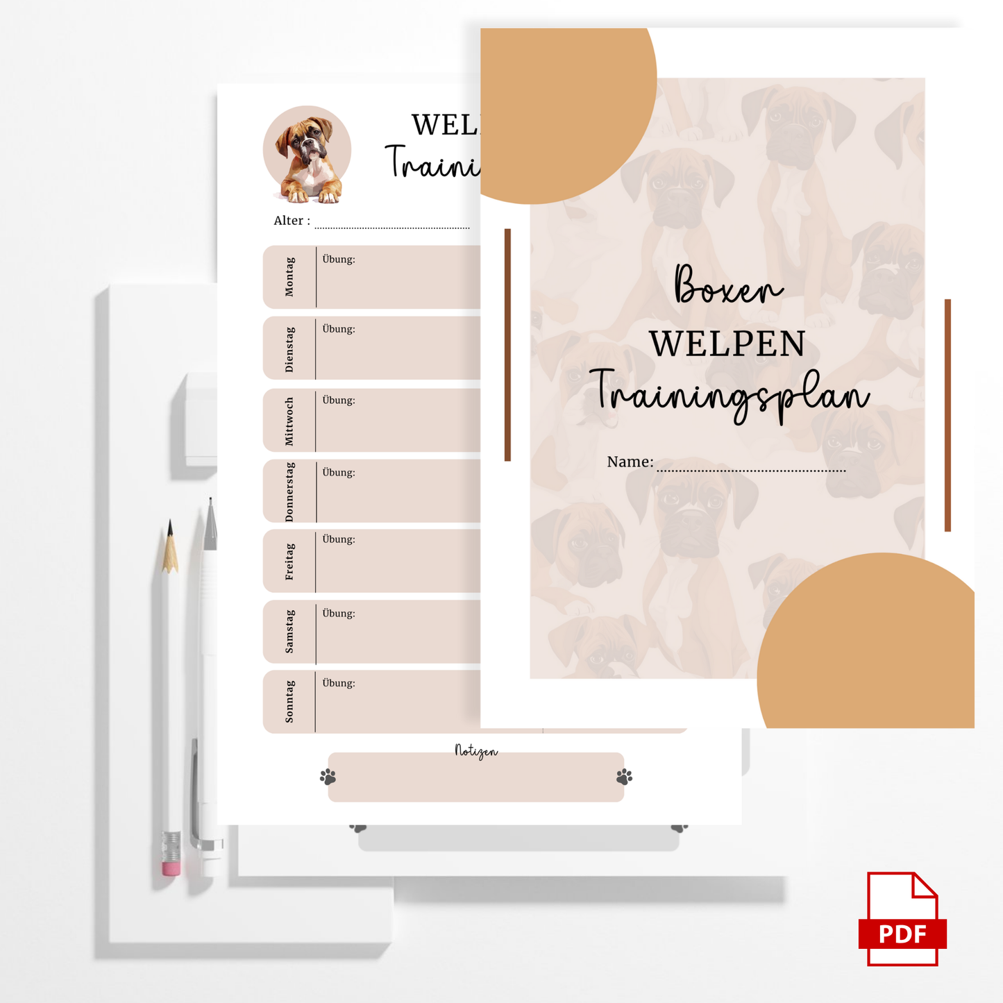 Welpen Trainingsplan inkl. 5 Schritt-Kommando-Anleitung | PDF Datei | Wochenplaner Training Hund | 7 Seiten | Hundetrainingsplaner