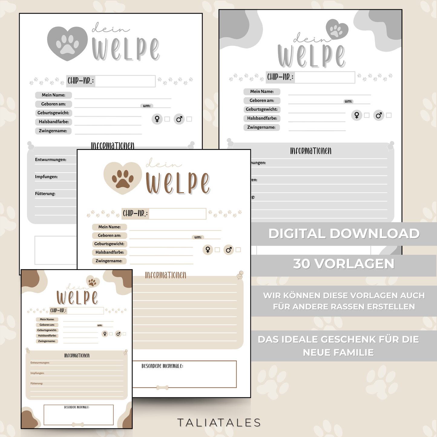 Kartei Karten Welpen | Wurfabnahmeprotokoll | Digitaler Download