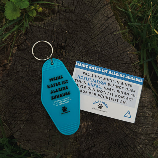 Schlüsselanhänger „Meine Katze ist alleine zuhause“ Blue – inkl. Notfallkarte