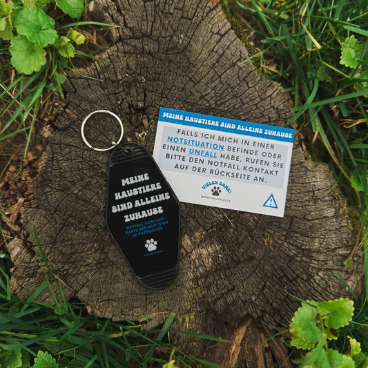 Schlüsselanhänger „Meine Haustiere sind alleine zuhause“ Black – inkl. Notfallkarte