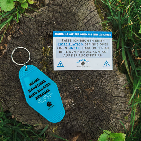 Schlüsselanhänger „Meine Haustiere sind alleine zuhause“ Blue – inkl. Notfallkarte