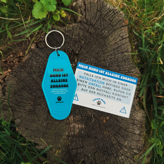 Schlüsselanhänger „Mein Hund ist alleine zuhause“ Blue – inkl. Notfallkarte