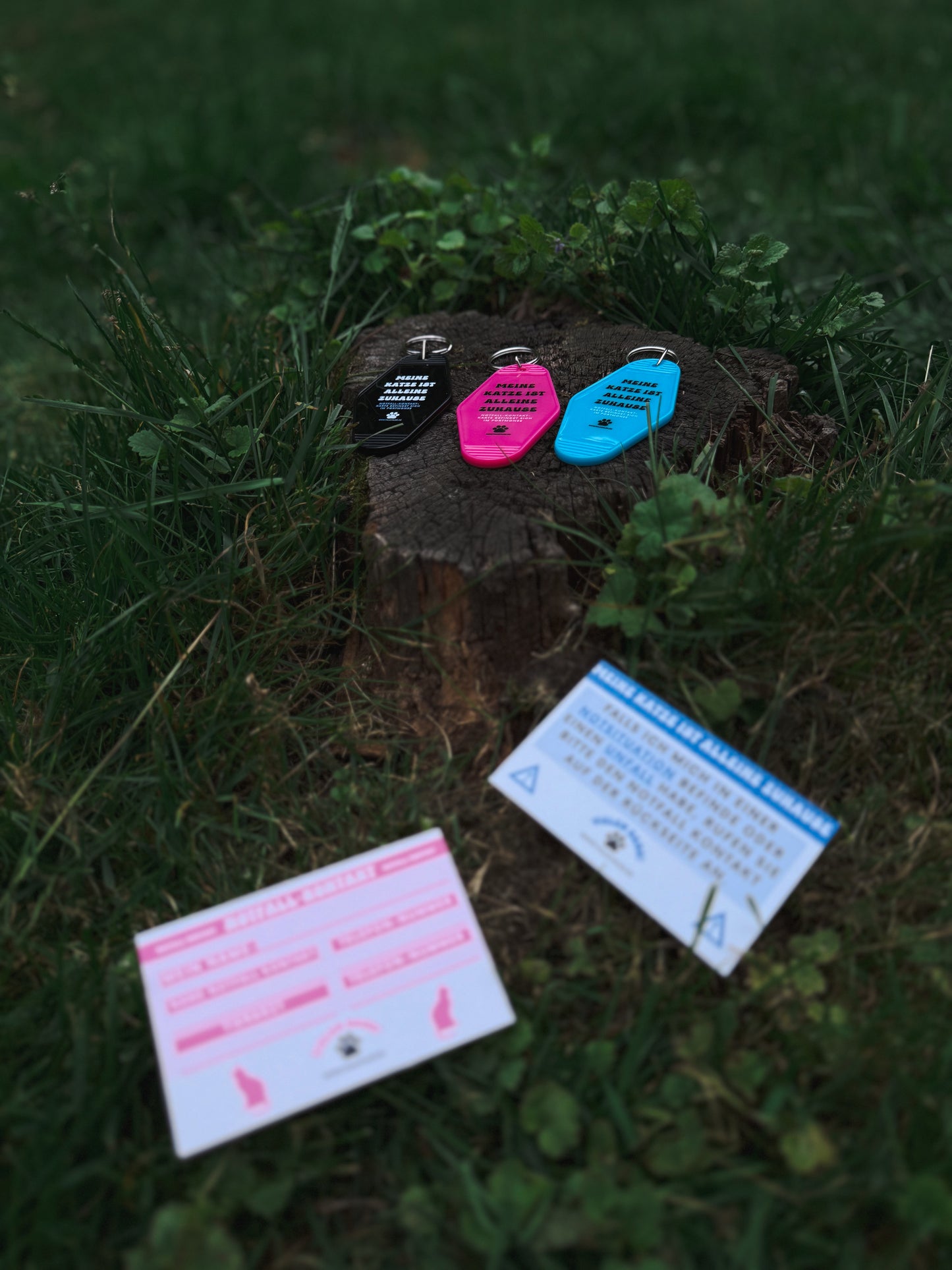 Schlüsselanhänger „Meine Katze ist alleine zuhause“ Pink – inkl. Notfallkarte
