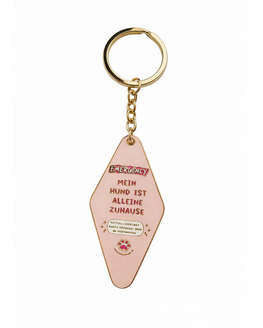 Schlüsselanhänger „Mein Hund ist alleine zuhause“ Rosa – inkl. Notfallkarte