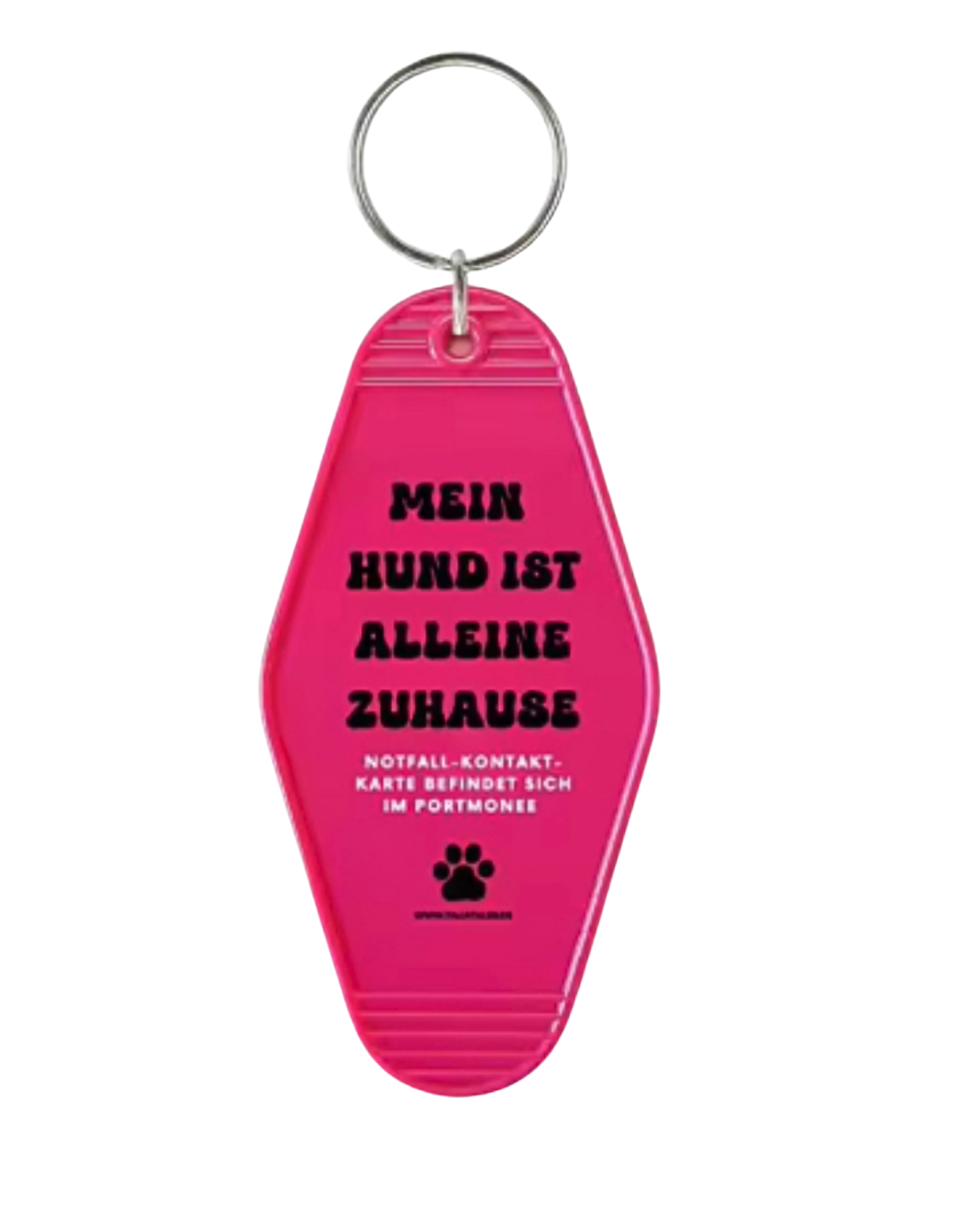 Schlüsselanhänger „Mein Hund ist alleine zuhause“ Pink – inkl. Notfallkarte