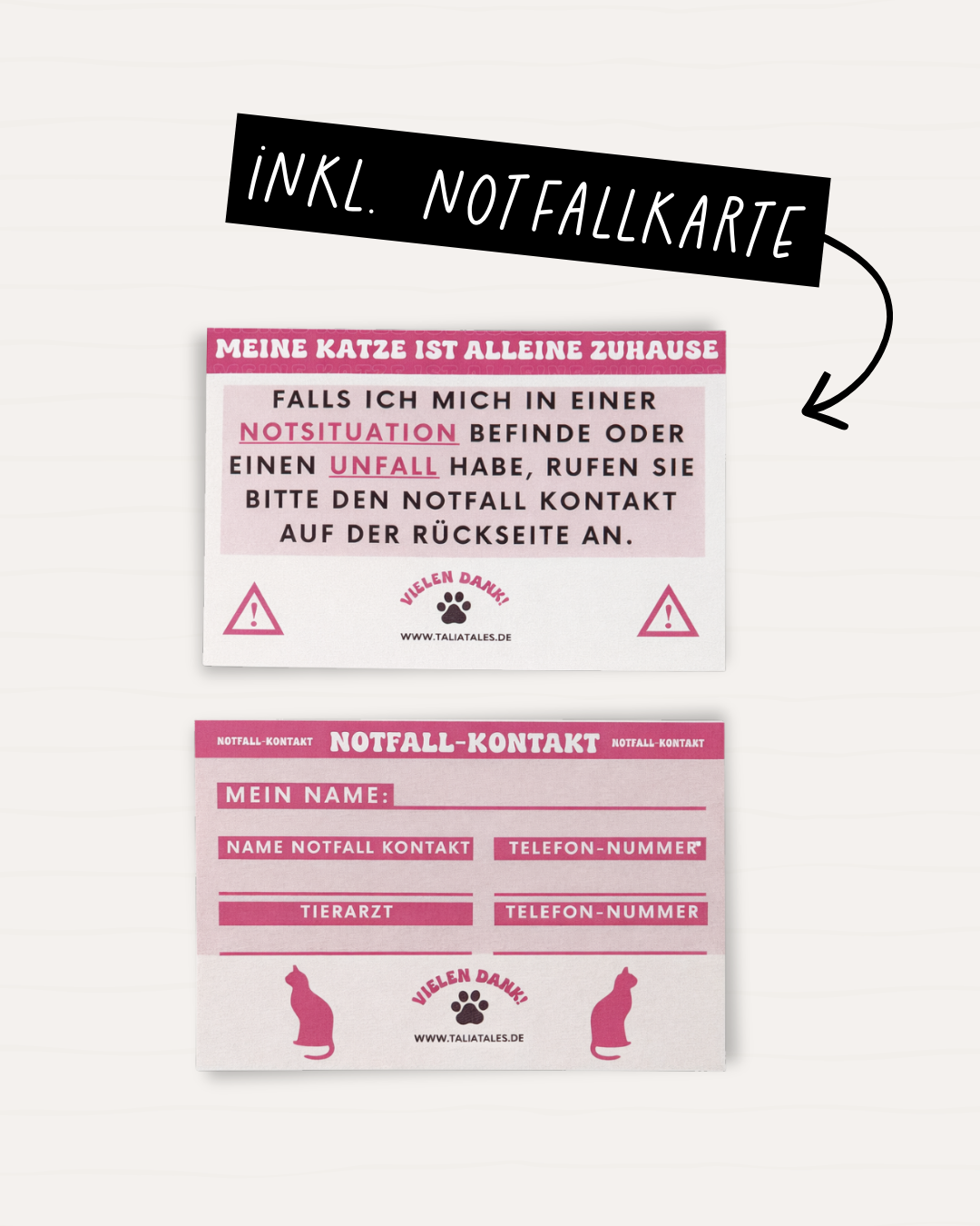 Schlüsselanhänger „Meine Katze ist alleine zuhause“ Pink – inkl. Notfallkarte