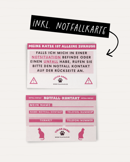 Schlüsselanhänger „Meine Katze ist alleine zuhause“ Pink – inkl. Notfallkarte