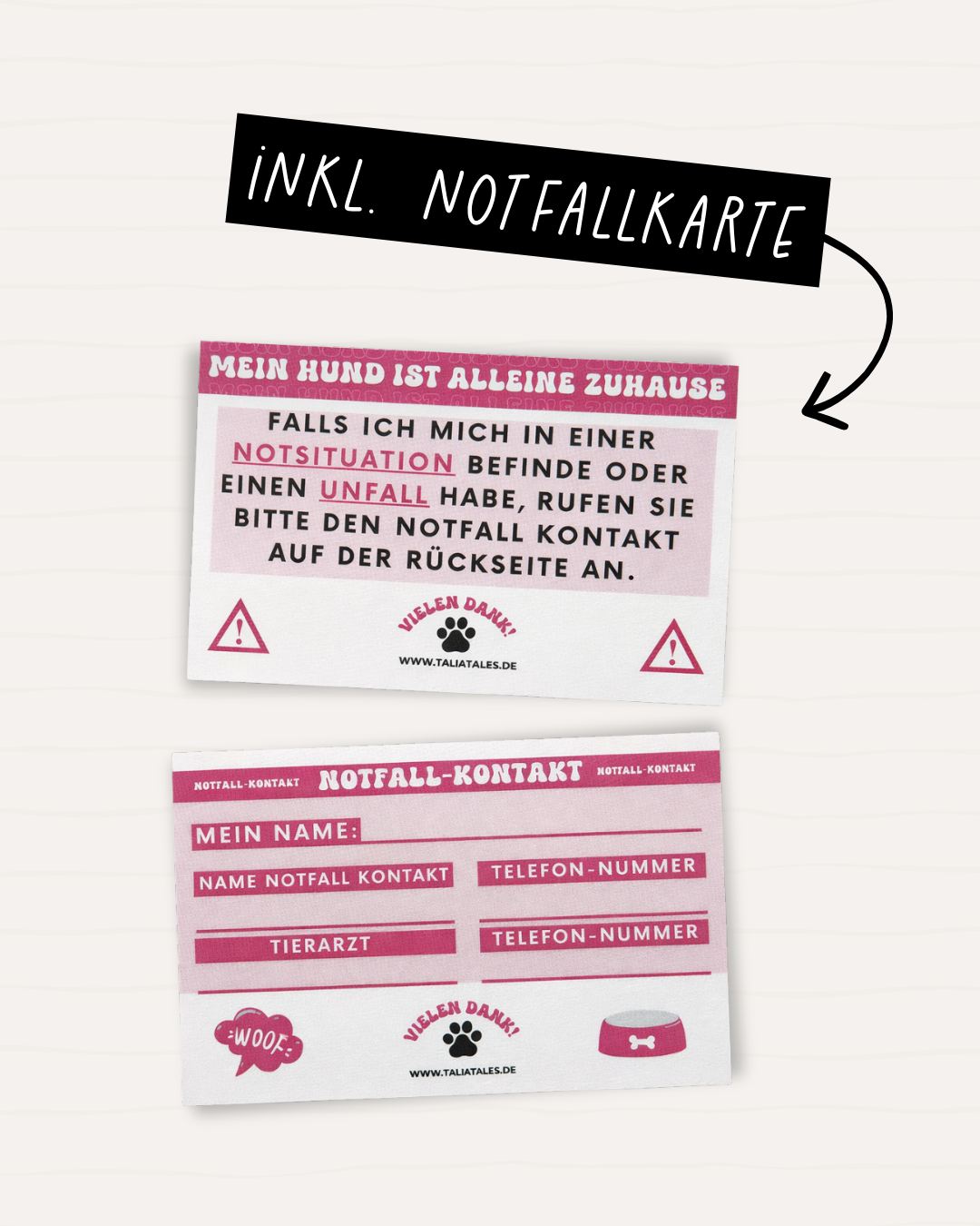 Schlüsselanhänger „Mein Hund ist alleine zuhause“ Pink – inkl. Notfallkarte