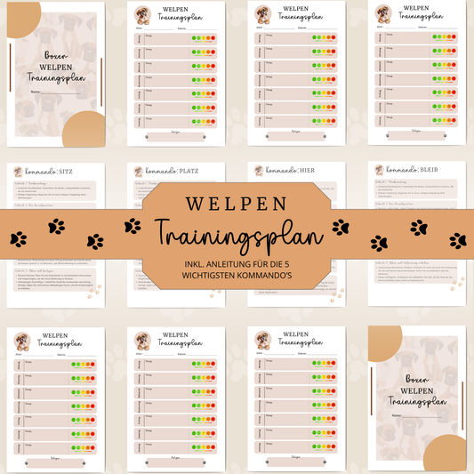 Welpen Trainingsplan inkl. 5 Schritt-Kommando-Anleitung | PDF Datei | Wochenplaner Training Hund | 7 Seiten | Hundetrainingsplaner