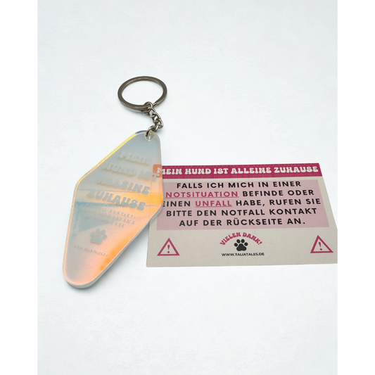 Schlüsselanhänger „Mein Hund ist alleine zuhause“ holografisch – inkl. Notfallkarte
