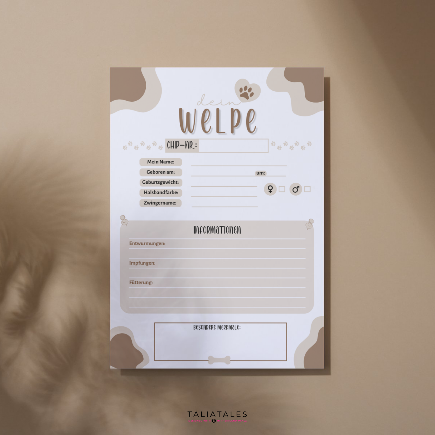 Kartei Karten Welpen | Wurfabnahmeprotokoll | Digitaler Download