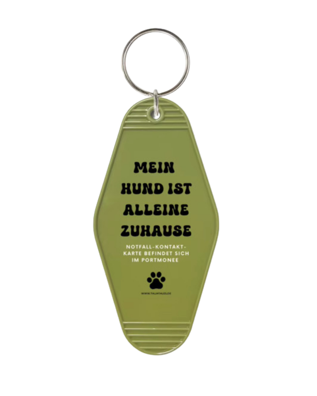 Schlüsselanhänger „Mein Hund ist alleine zuhause“ Olivgrün – inkl. Notfallkarte