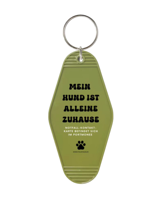 Schlüsselanhänger „Mein Hund ist alleine zuhause“ Olivgrün – inkl. Notfallkarte