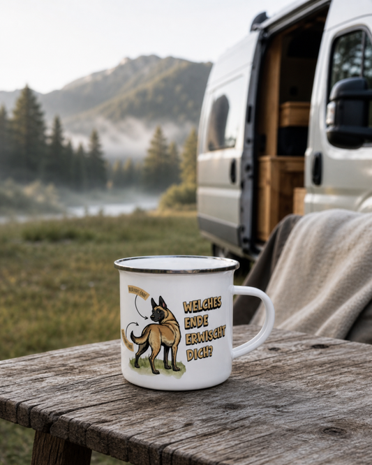 Emaille Tasse "Welches Ende erwischt dich?“