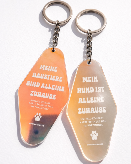 Schlüsselanhänger „Mein Hund ist alleine zuhause“ – holografisch inkl. bunter Notfallkarte