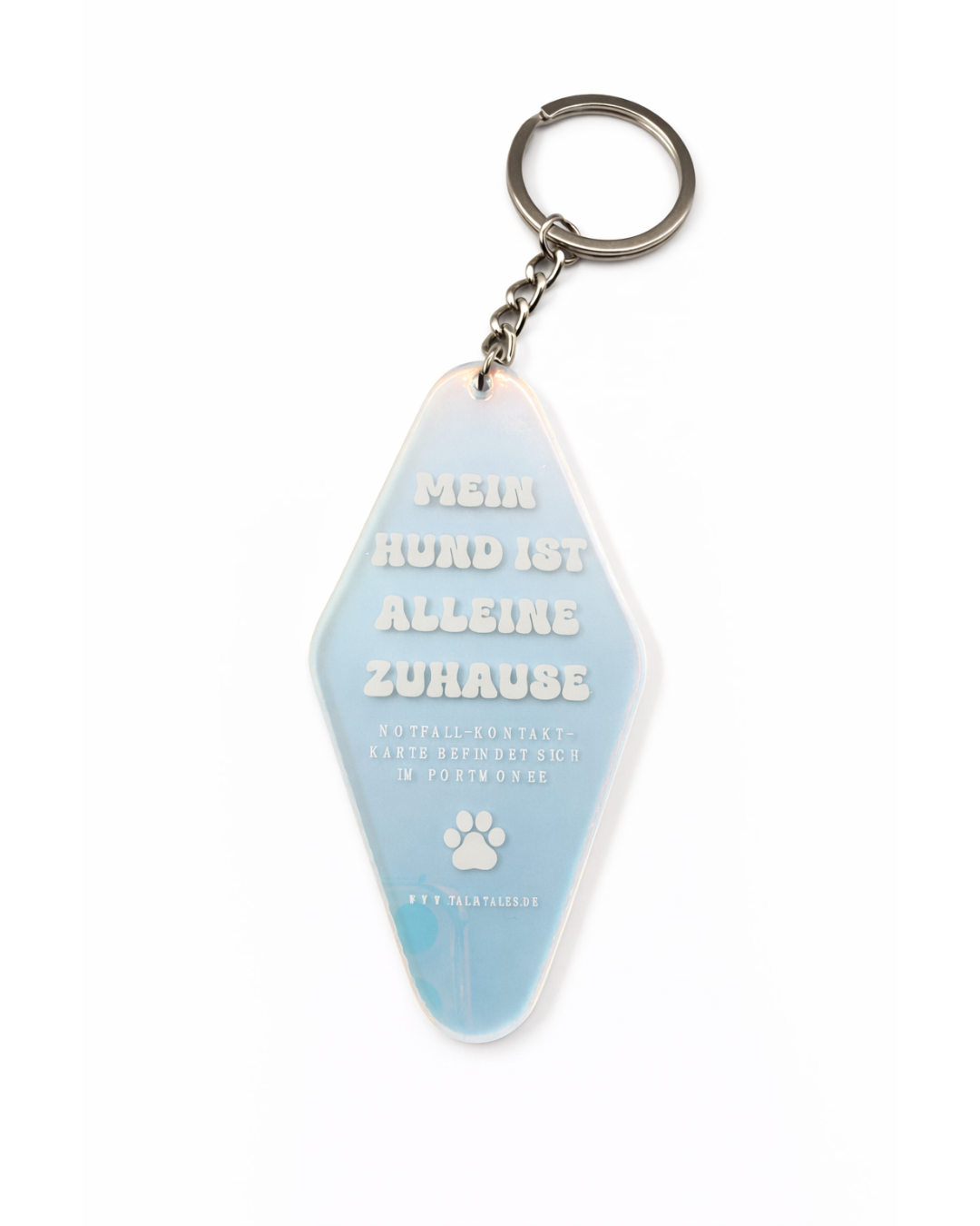 Schlüsselanhänger „Mein Hund ist alleine zuhause“ – holografisch inkl. pinker Notfallkarte