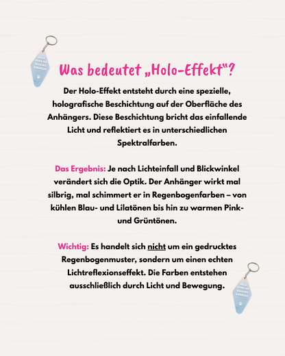 Schlüsselanhänger „Mein Hund ist alleine zuhause“ – holografisch inkl. pinker Notfallkarte