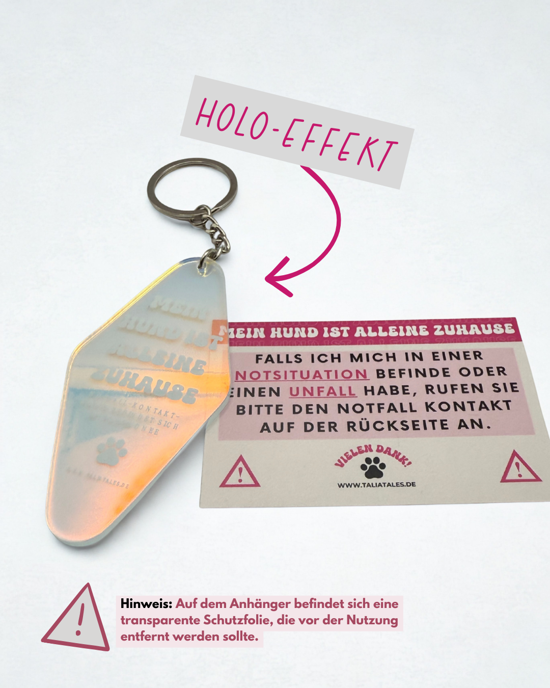 Schlüsselanhänger „Mein Hund ist alleine zuhause“ – holografisch inkl. pinker Notfallkarte