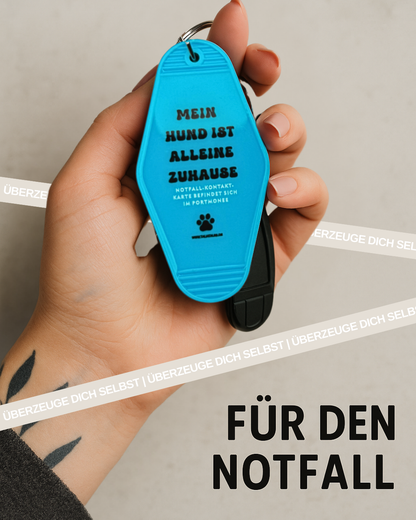 Schlüsselanhänger „Mein Hund ist alleine zuhause“ Blue – inkl. Notfallkarte