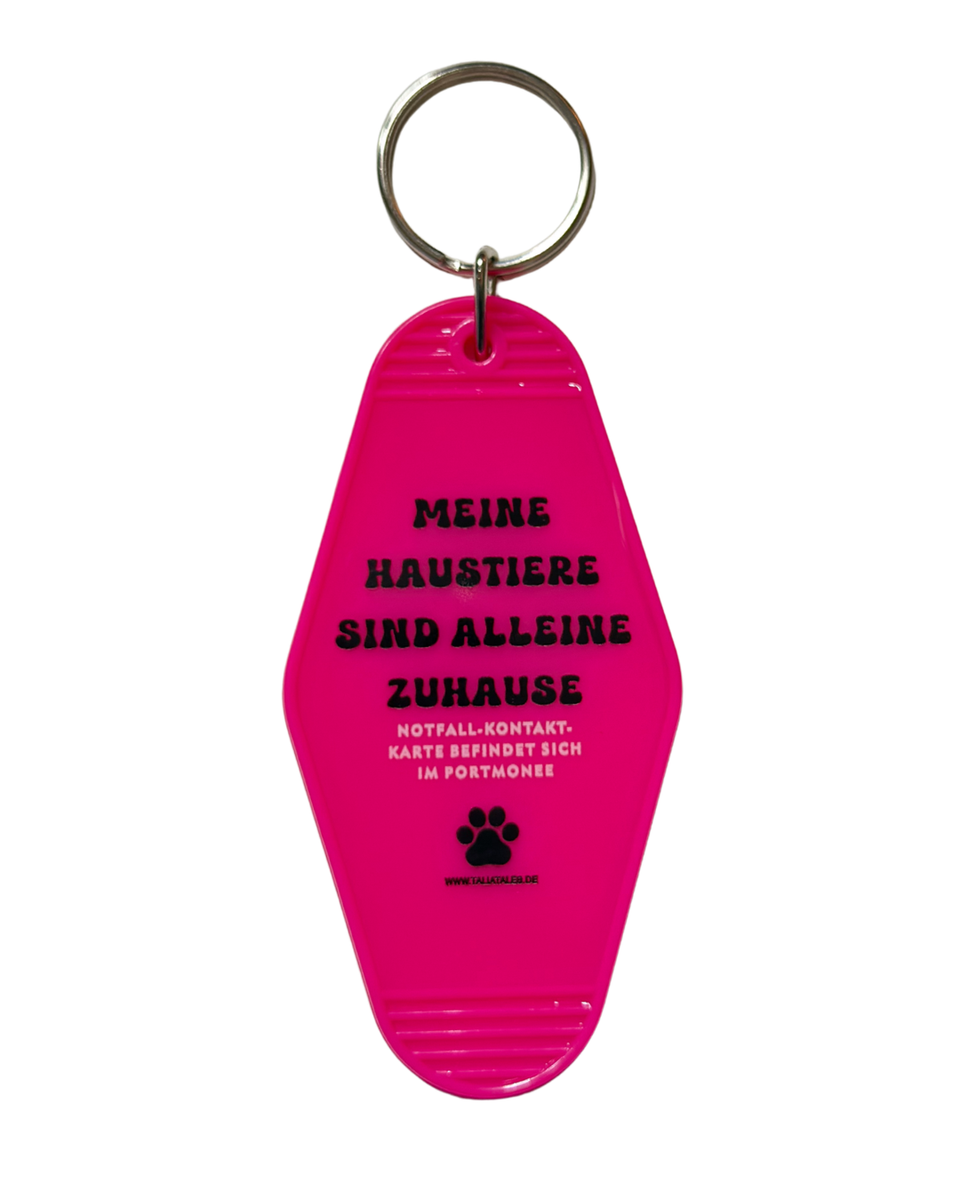 Schlüsselanhänger „Meine Haustiere sind alleine zuhause“ Pink – inkl. Notfallkarte