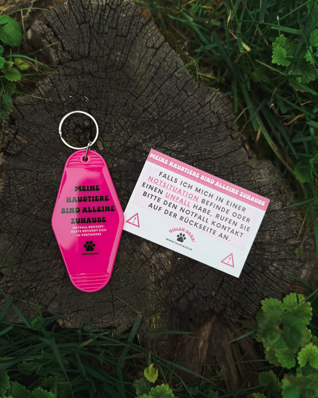 Schlüsselanhänger „Meine Haustiere sind alleine zuhause“ Pink – inkl. Notfallkarte