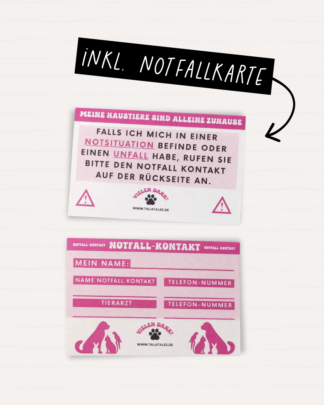 Schlüsselanhänger „Meine Haustiere sind alleine zuhause“ Pink – inkl. Notfallkarte