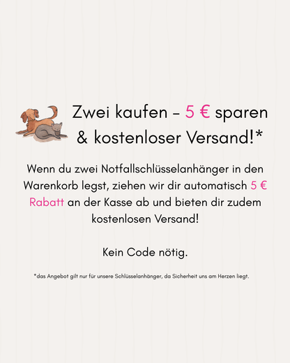 Schlüsselanhänger „Meine Haustiere sind alleine zuhause“ Pink – inkl. Notfallkarte